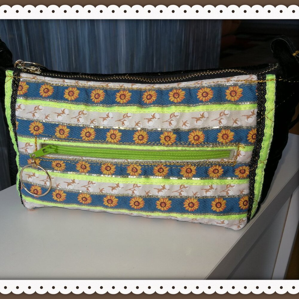 Women's Crossbody Bag Black /Floral Pattern Ribbon Gold Silk Thread Handmade